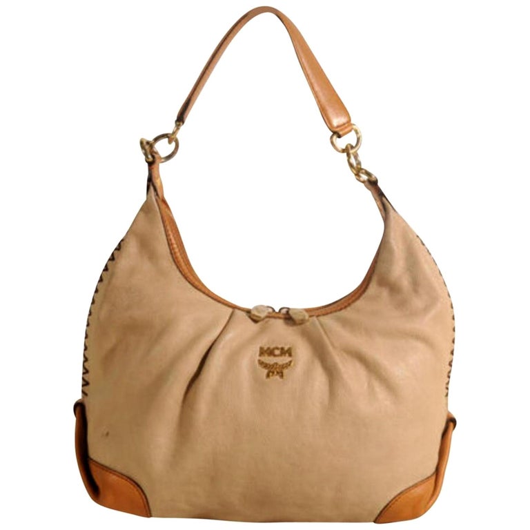 MCM Bicolor Hobo 869887 Beige Leather Shoulder Bag For Sale at 1stDibs