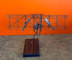 MCM Biplane Wire Sculpture on Wood Base