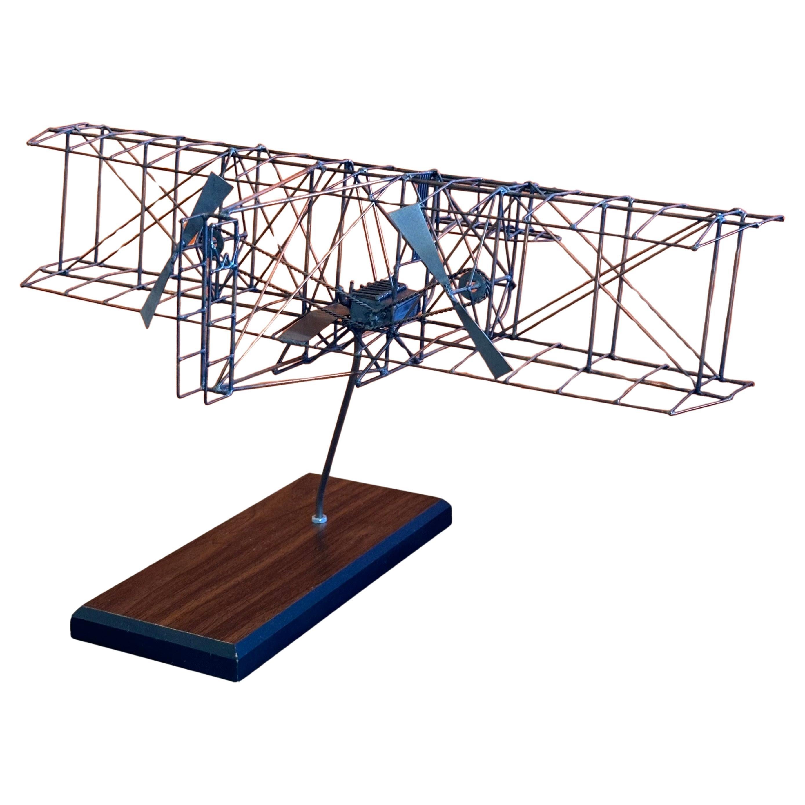 MCM Biplane Wire Sculpture on Wood Base