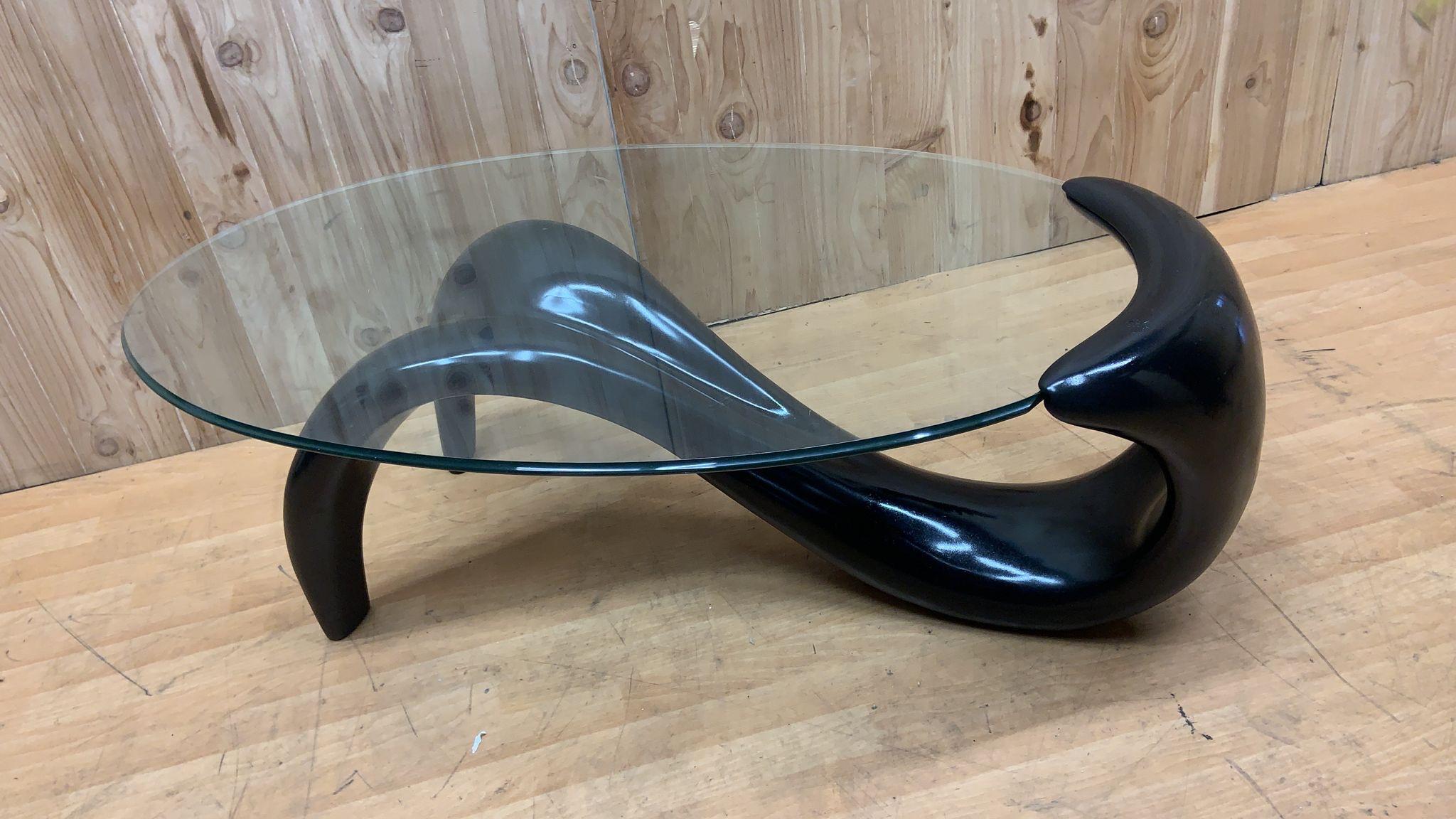 Hand-Crafted MCM Black Abstract Fiberglass Sculptural Base Oval Glass Top Coffee Table For Sale
