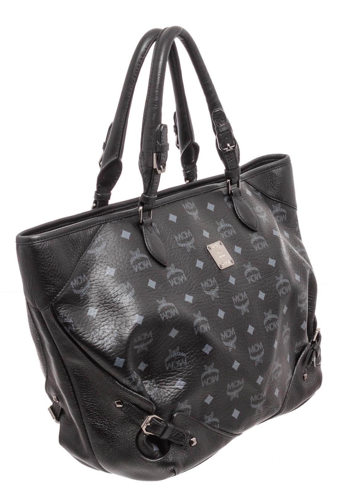 MCM Shopper Tote Bag aus schwarzem Canvas mit silberfarbener Hardware und Canvas-Futter (Schwarz) im Angebot