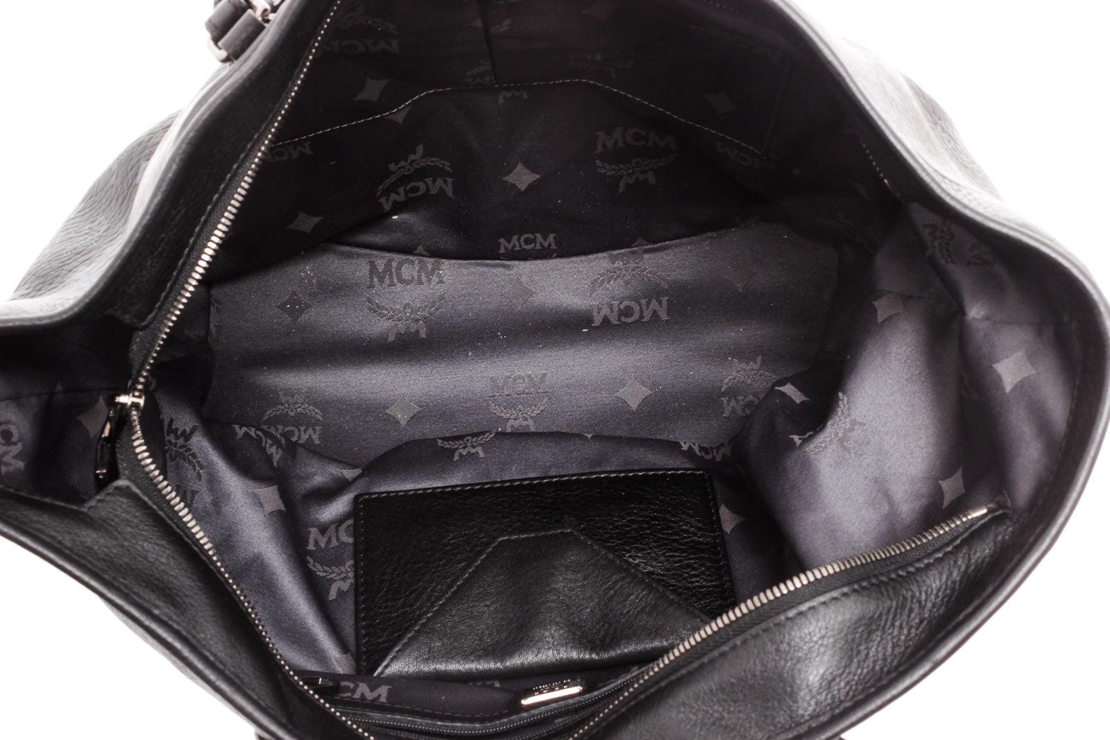 MCM Shopper Tote Bag aus schwarzem Canvas mit silberfarbener Hardware und Canvas-Futter im Angebot 3