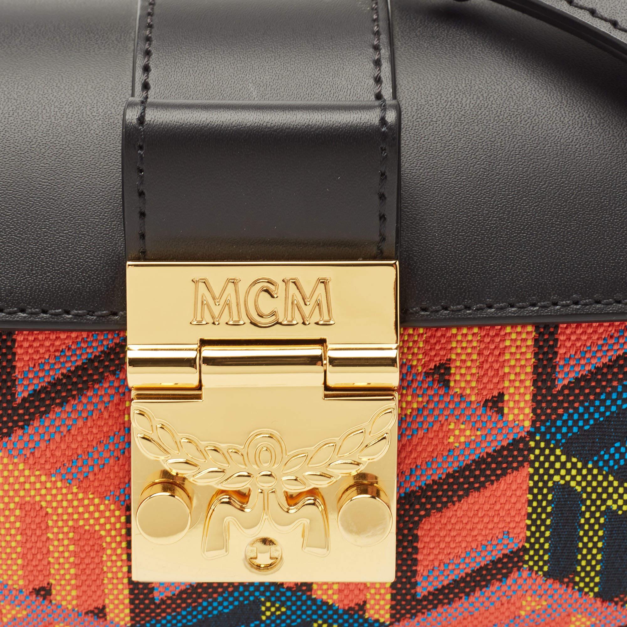 MCM Black Cubic Monogram Jacquard and Leather Small Tracy Crossbody Bag In Excellent Condition In Dubai, Al Qouz 2