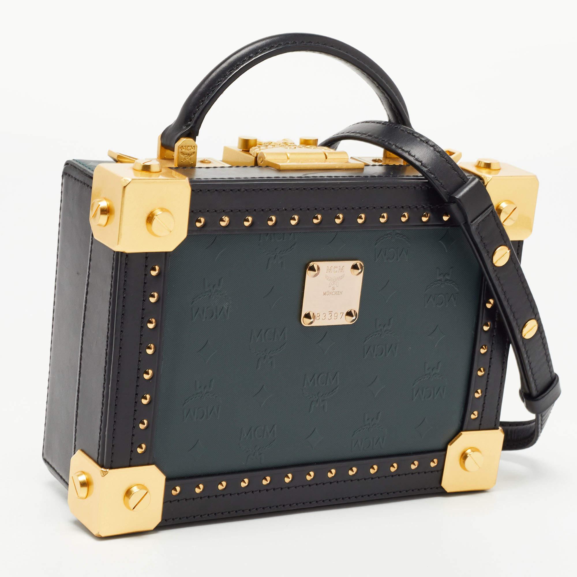 MCM Black/Green Visetos Coated Canvas and Leather Berlin Box Bag 2