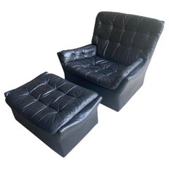Retro MCM Black Leather Lounge Chair & Ottoman, NL, 1970's