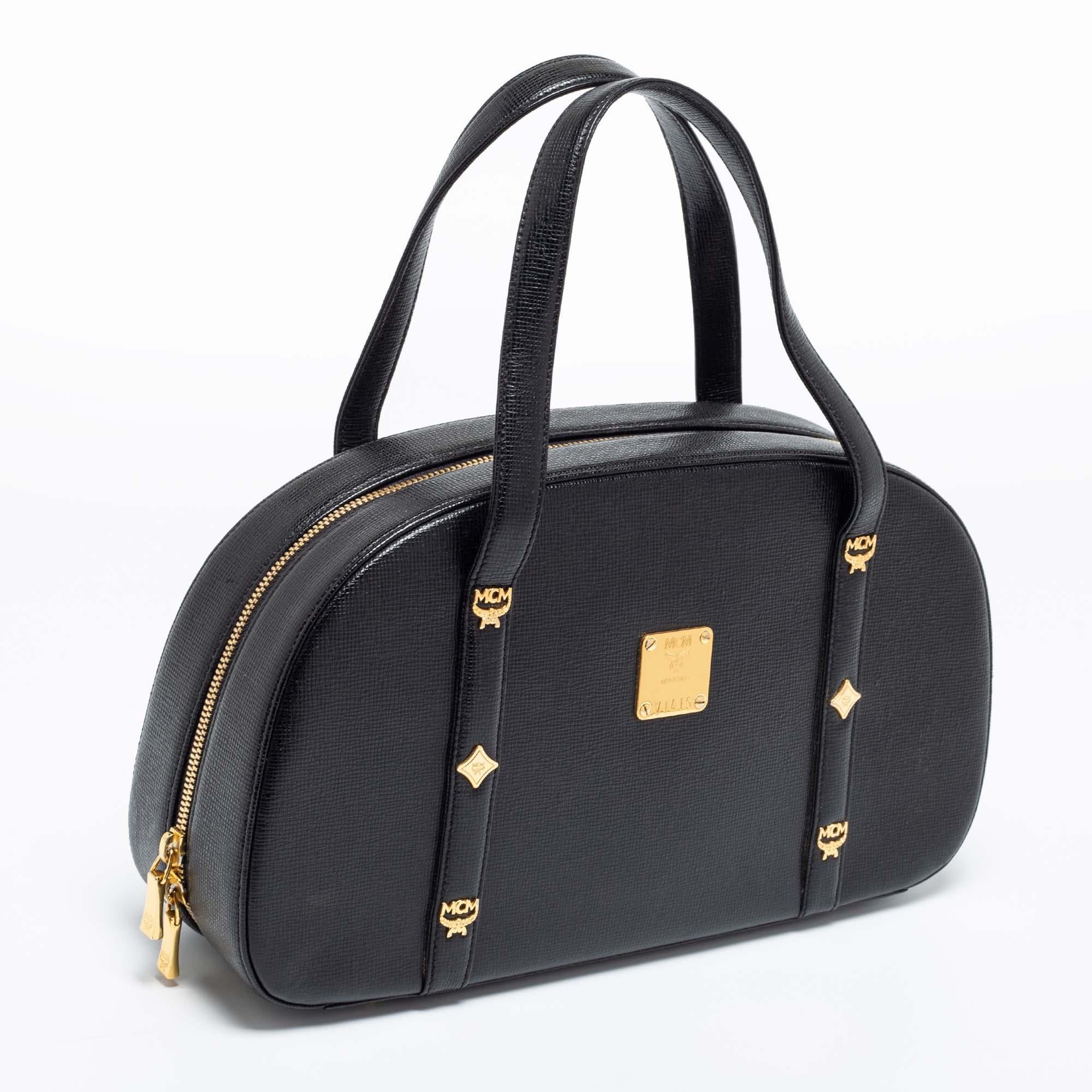 MCM Black Leather Motif Dome Satchel 1