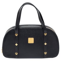 MCM Black Leather Motif Dome Satchel