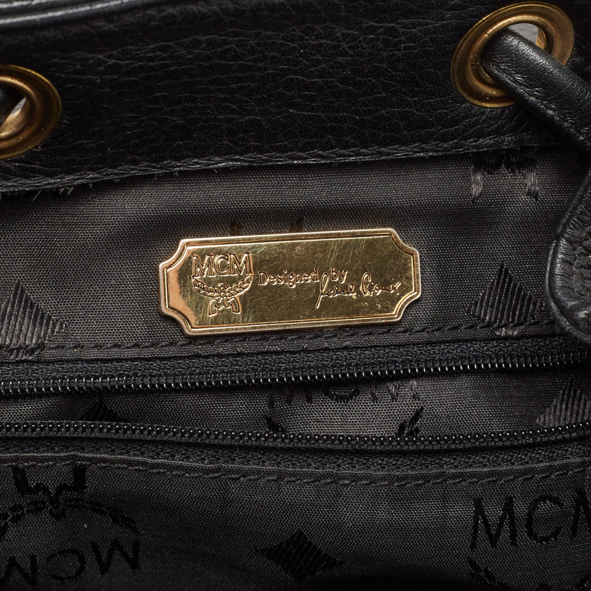 MCM Black Leather Studded Flap Backpack For Sale 6