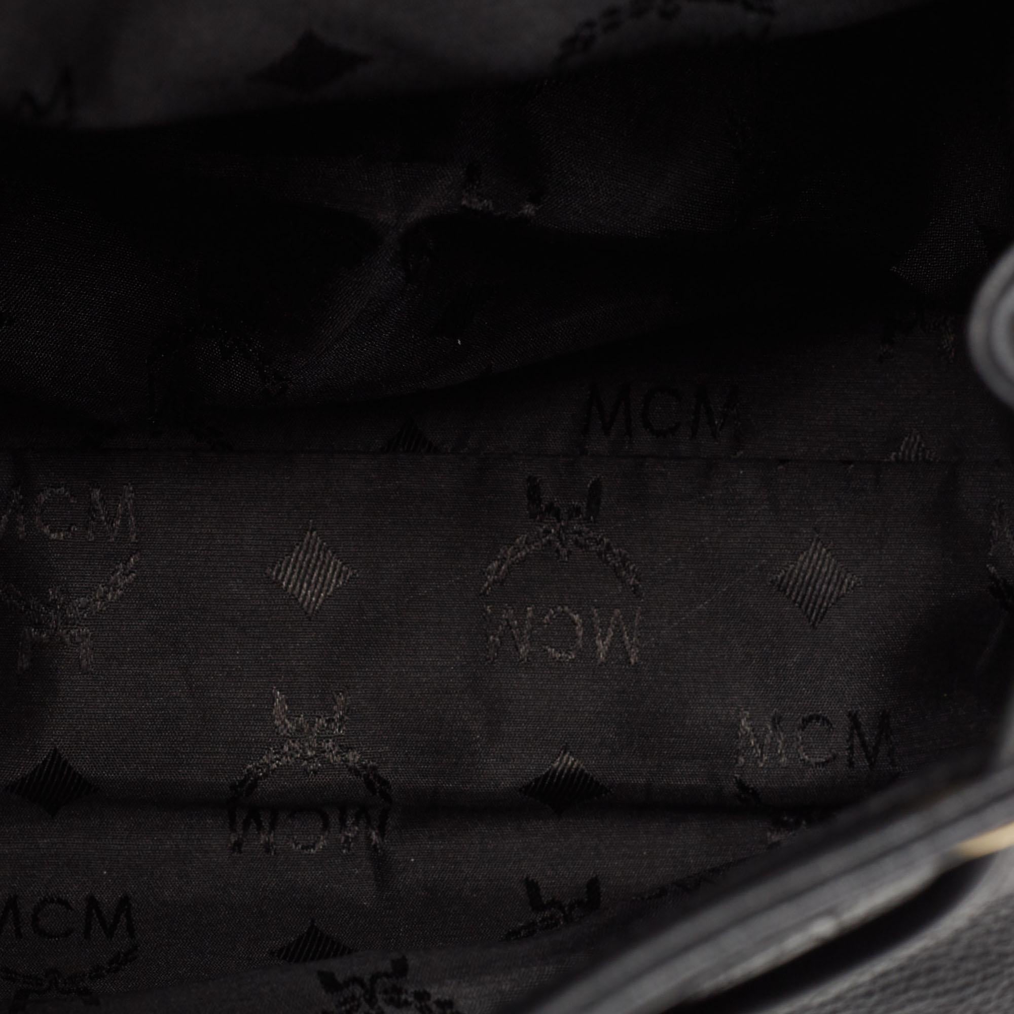 MCM Black Leather Studded Flap Backpack For Sale 7