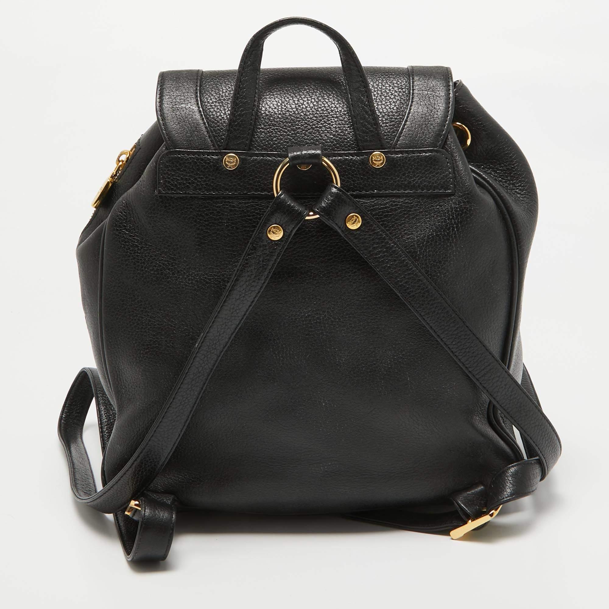 Women's MCM Black Leather Studded Flap Backpack For Sale