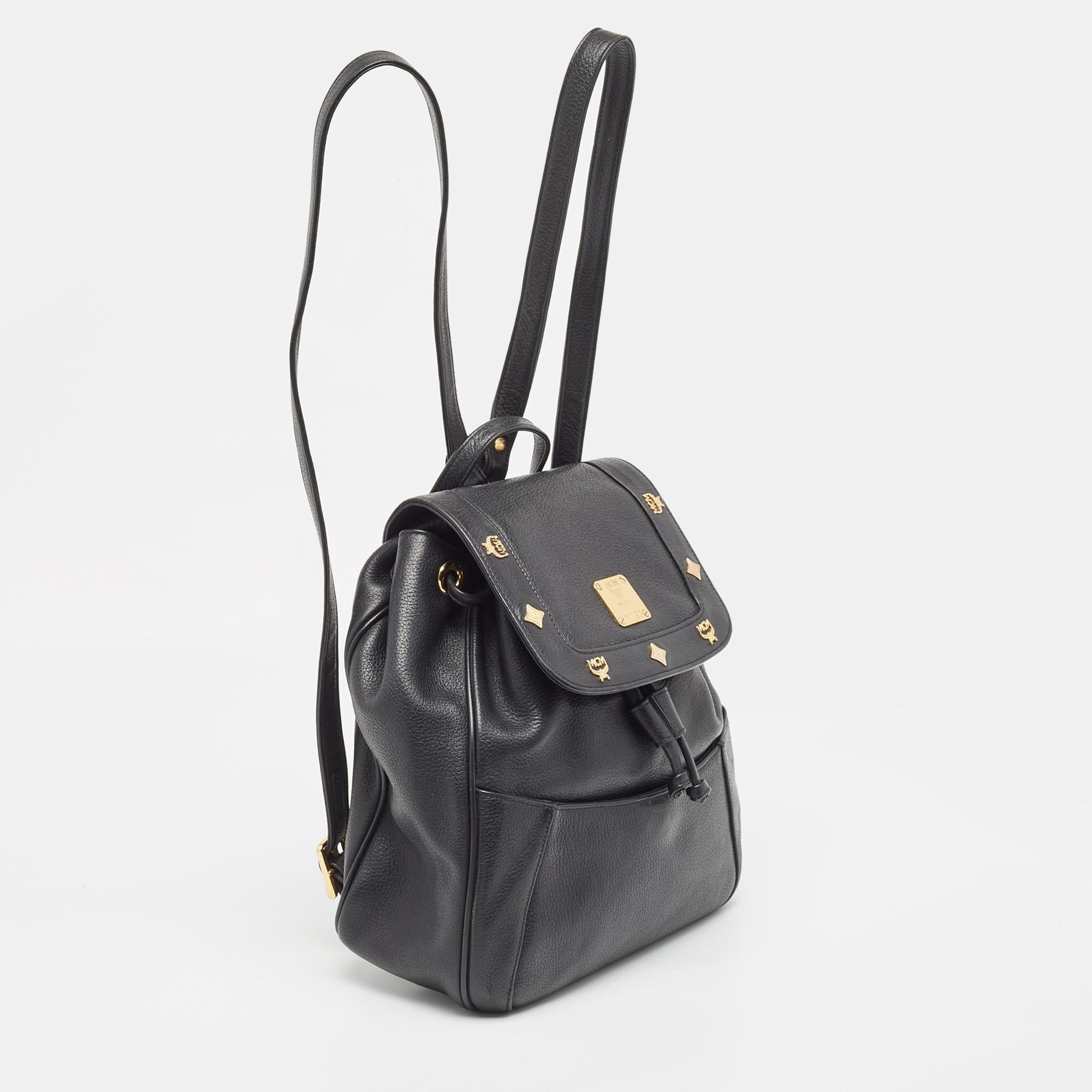 MCM Black Leather Studded Flap Backpack For Sale 1