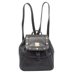 MCM Black Leather Studded Flap Backpack