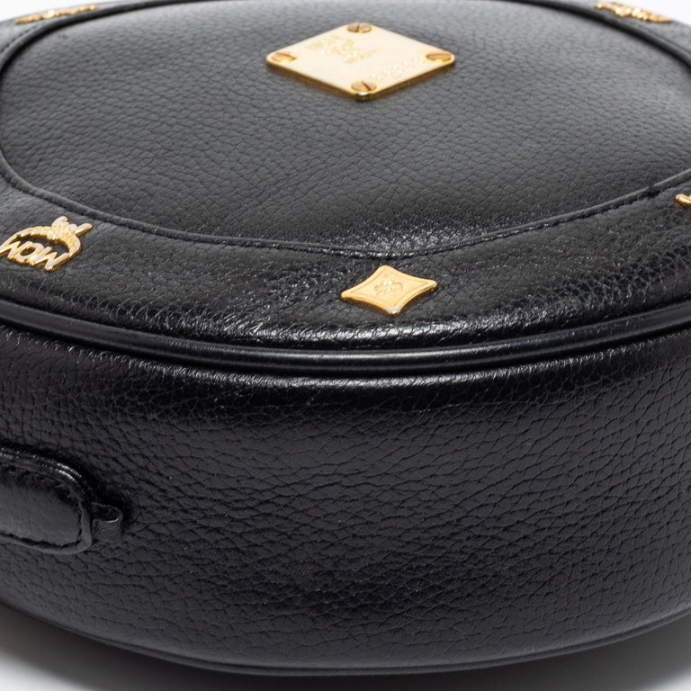 MCM Black Leather Studded Tambourine Round Crossbody Bag For Sale at