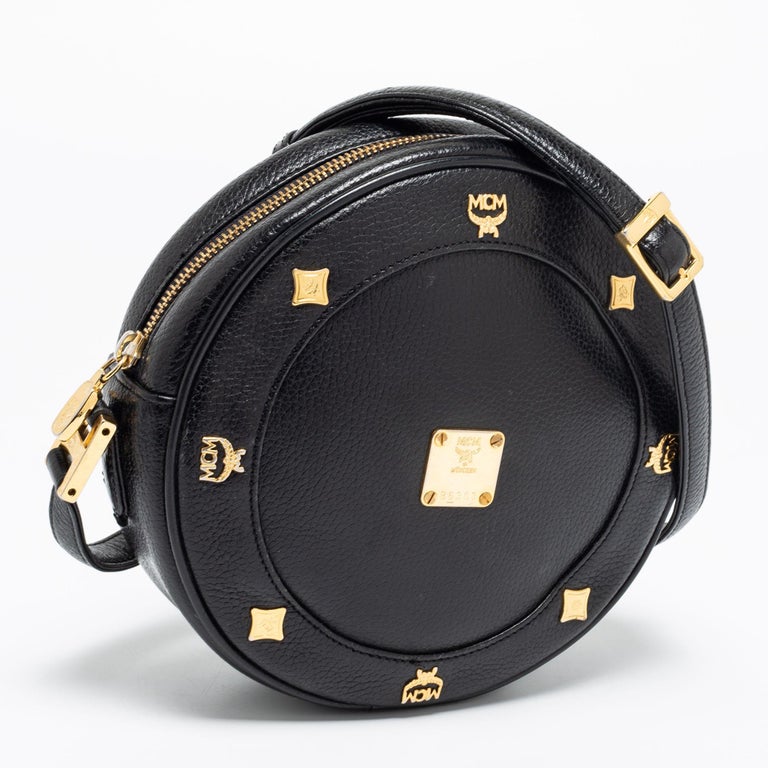 MCM Black Leather Studded Tambourine Round Crossbody Bag For Sale at