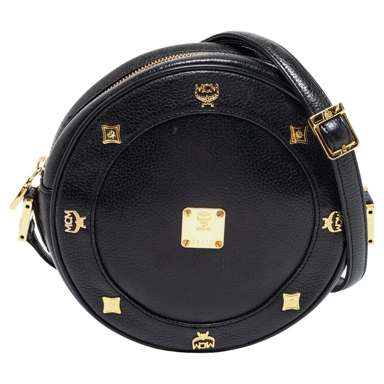 MCM Black Leather Studded Tambourine Round Crossbody Bag For Sale at