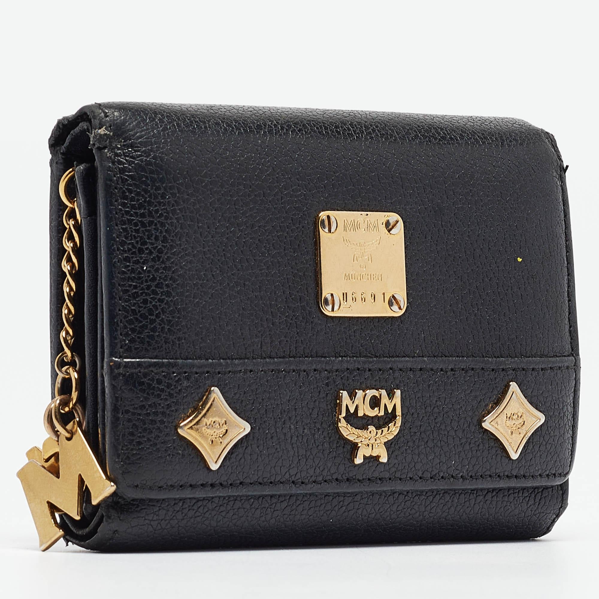 MCM Black Leather Studded Trifold Compact Wallet For Sale 5