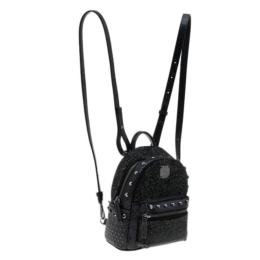 Women's MCM Black Leather X Mini Stark Crystal Embellished Backpack