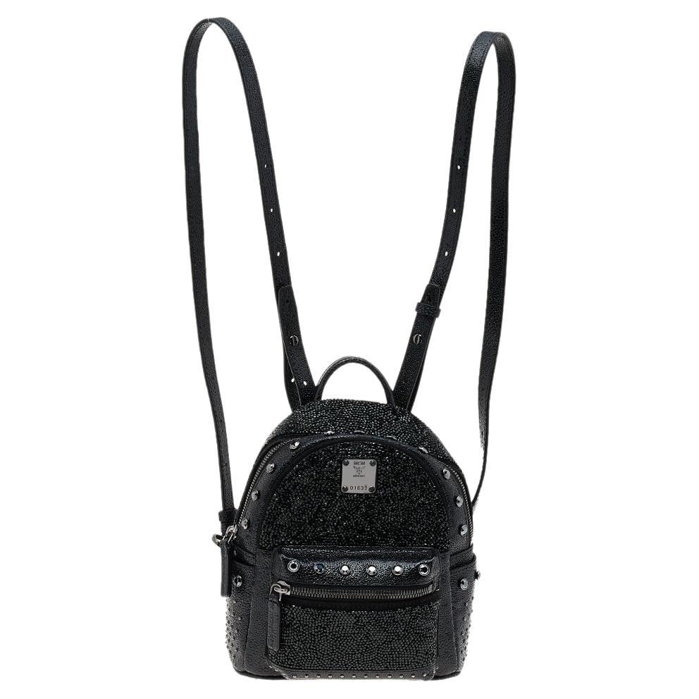MCM Black Leather X Mini Stark Crystal Embellished Backpack