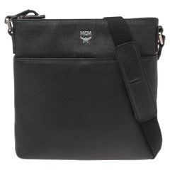 MCM Black Leather Zip Messenger Bag