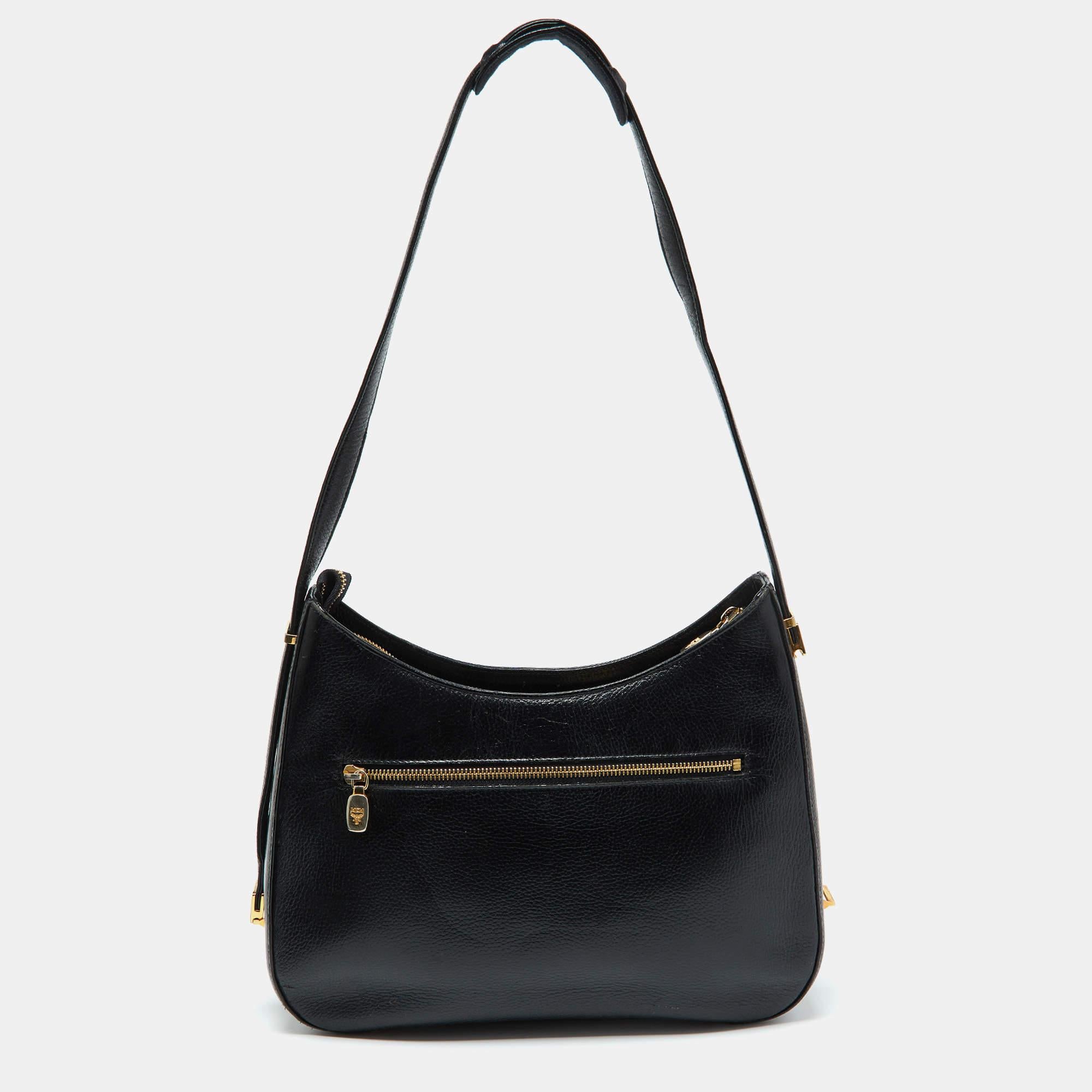 Women's MCM Black Leather Zip Shoulder Bag For Sale
