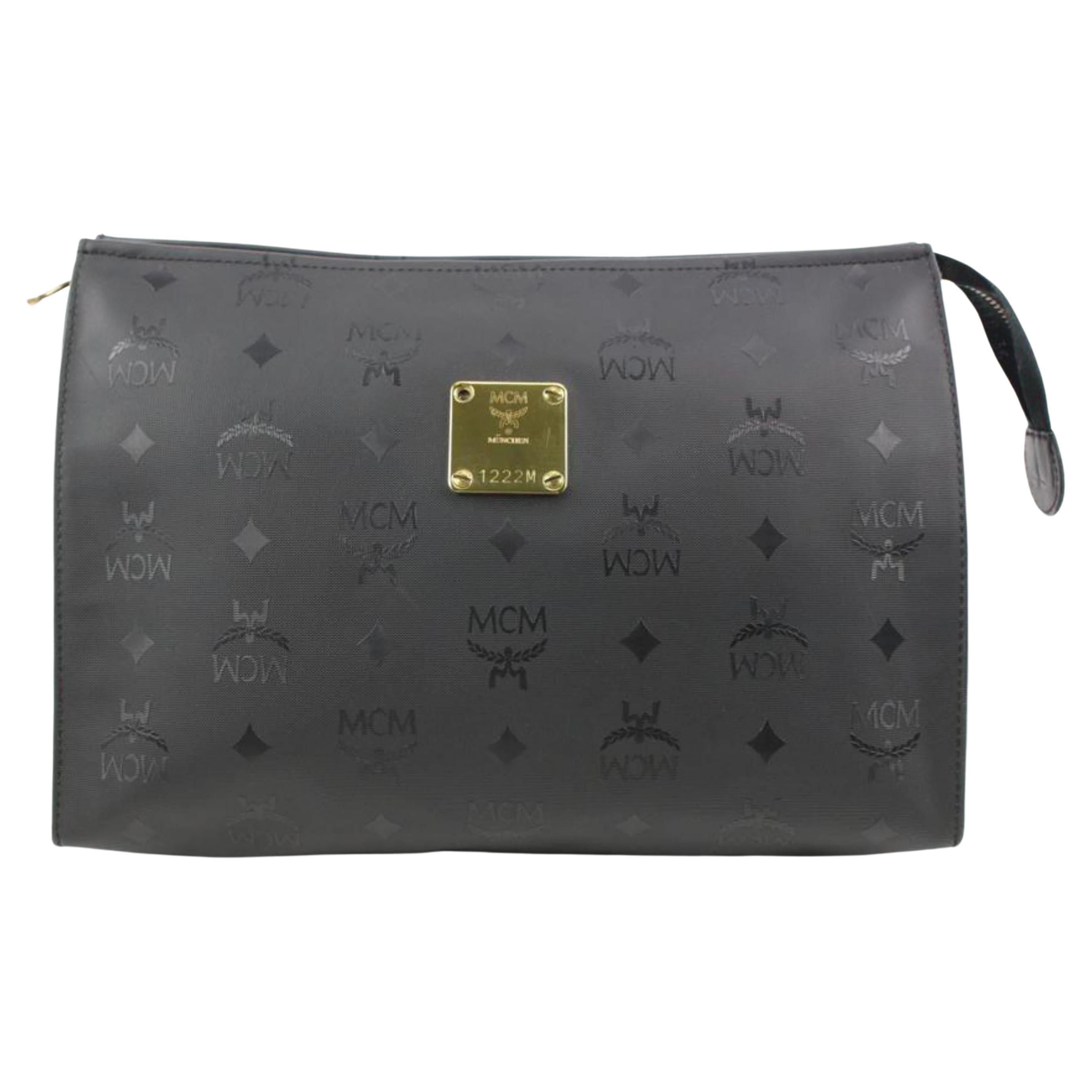 MCM Black Monogram Visetos Logo Toiletry Pouch Make Up Case Clutch 118m35 For Sale