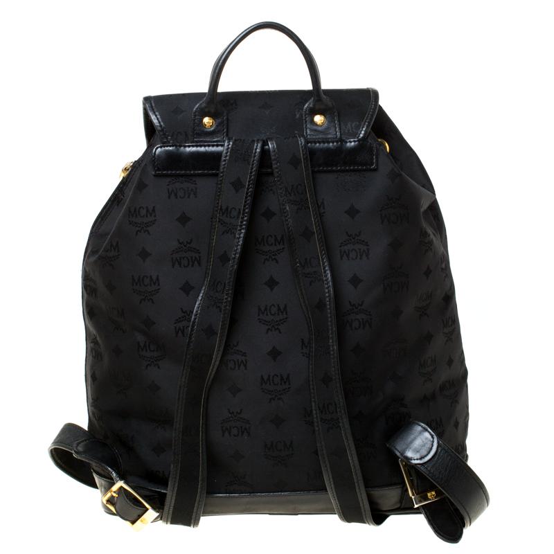 Women's MCM Black Nylon and Leather Drawstring Backpack