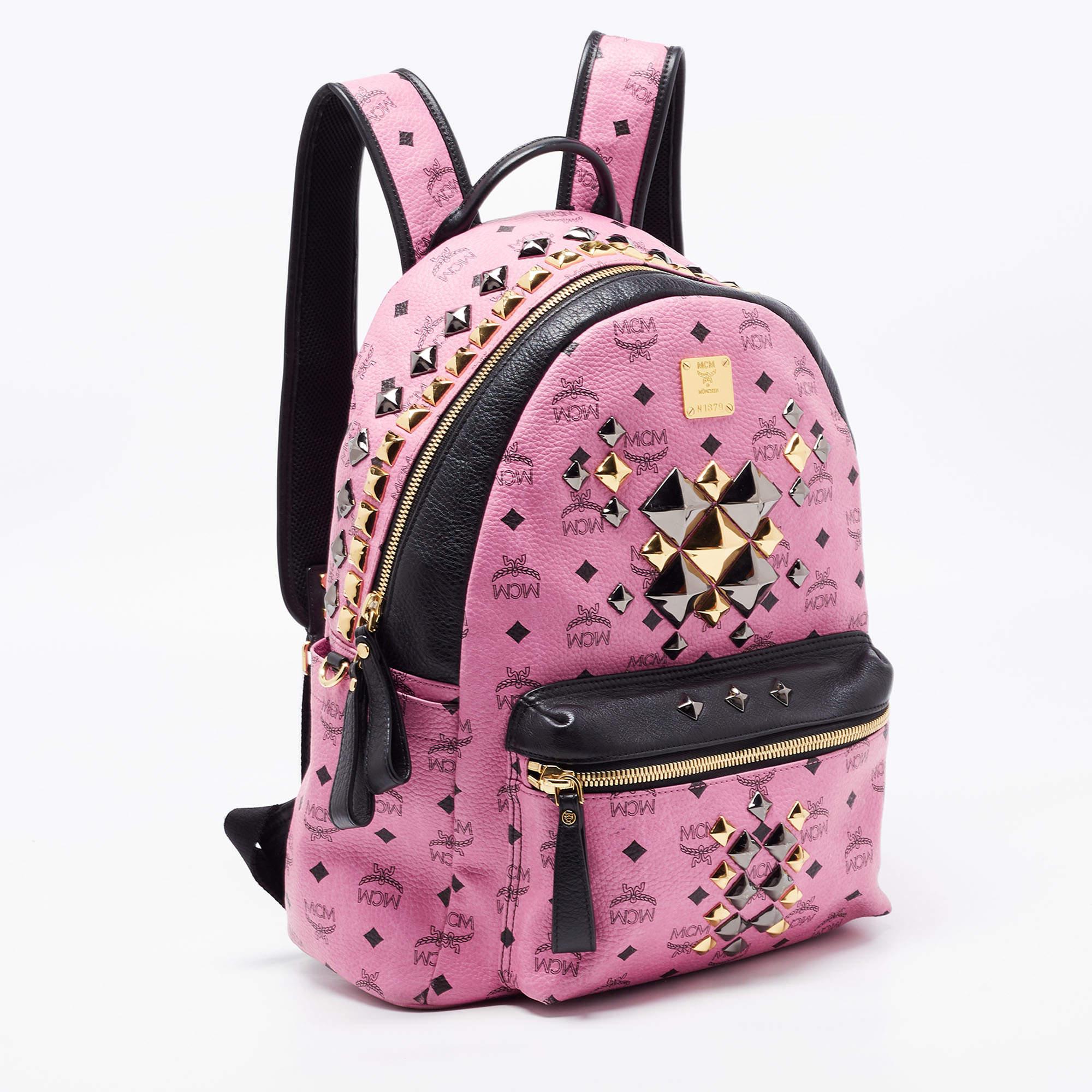MCM Black/Pink Visetos Leather Large Studded Stark Backpack In Good Condition In Dubai, Al Qouz 2