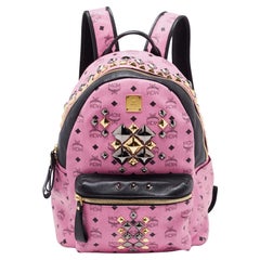 MCM Schwarz/Pink Visetos Leder Großer Nietenrucksack Stark