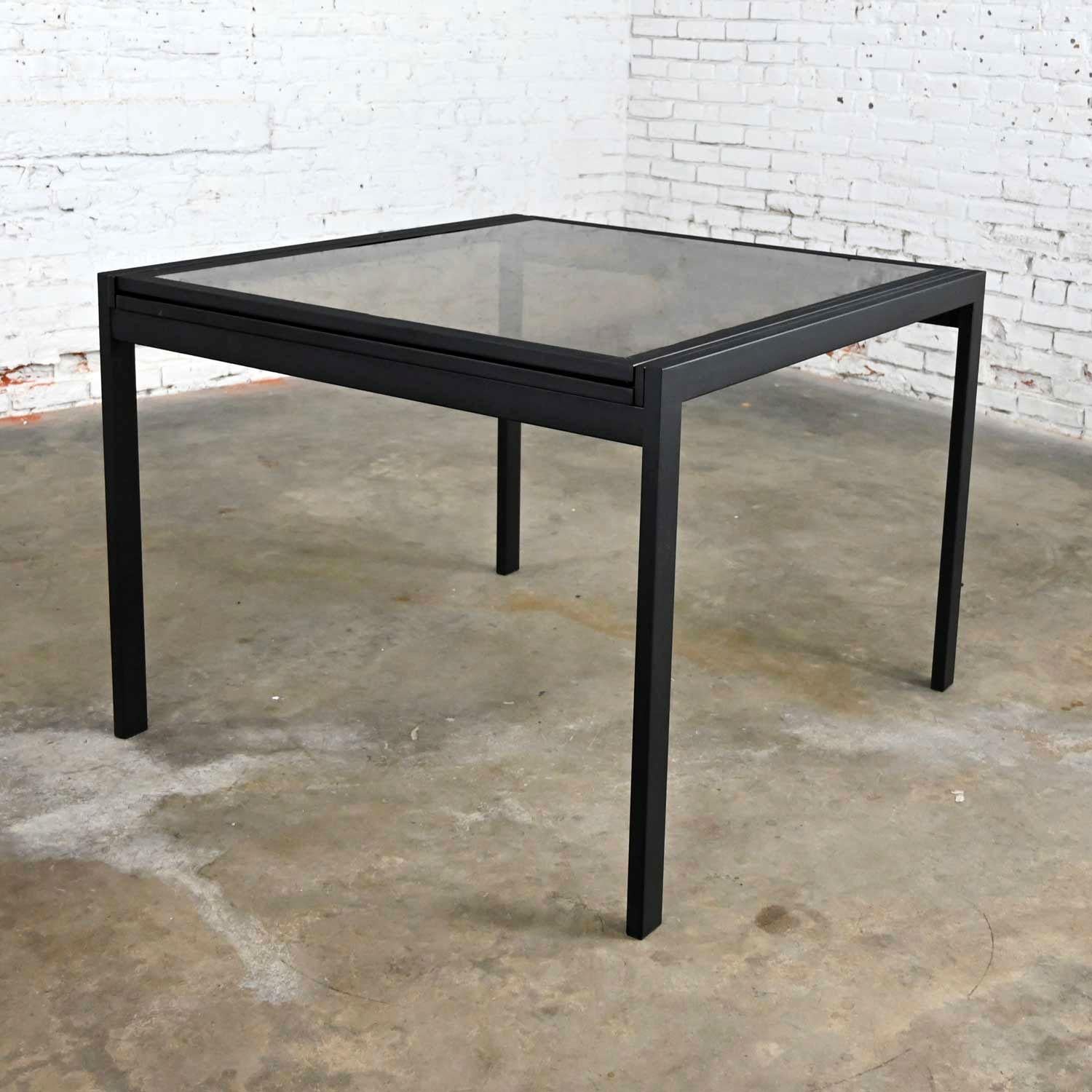 MCM Black Powder Coated Metal Smoked Glass Square Expanding Table Attr DIA For Sale 3