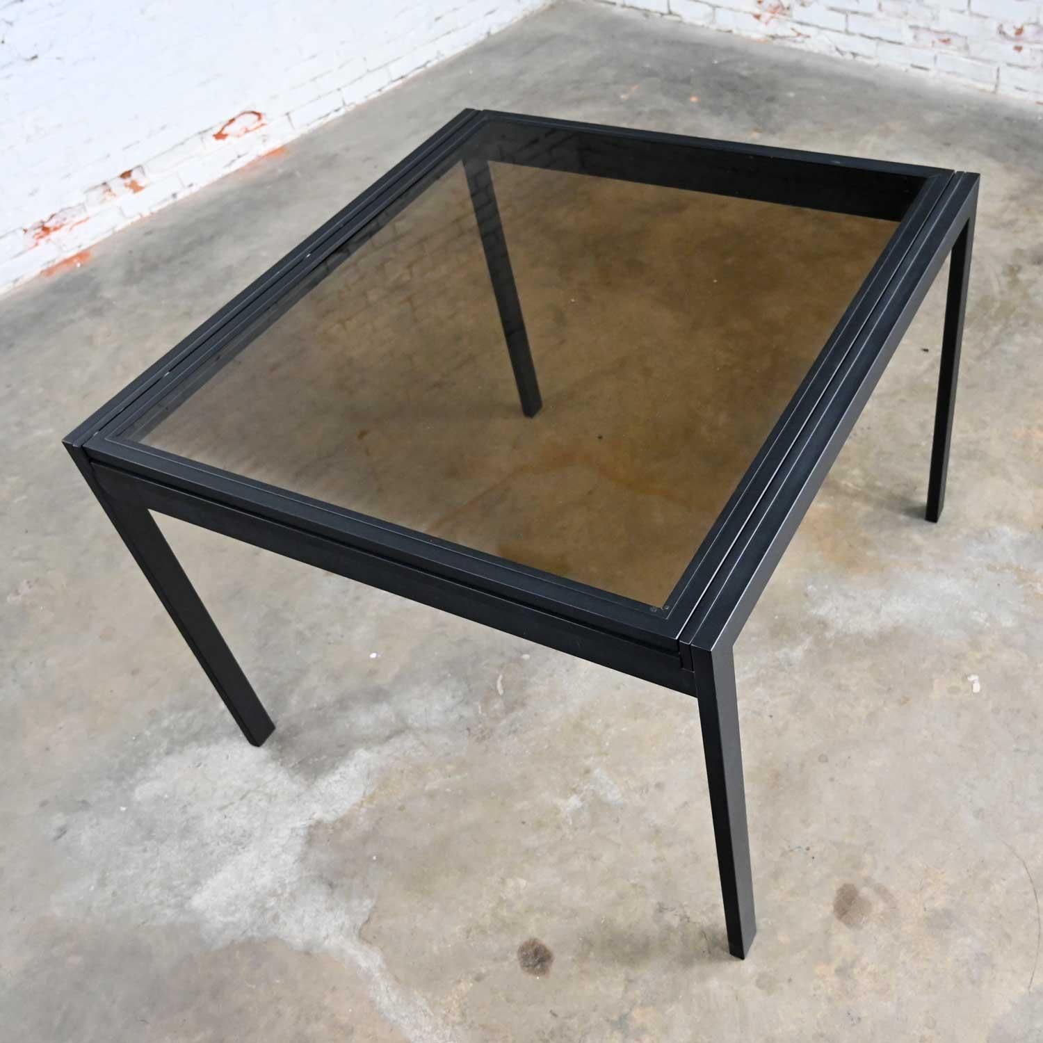 MCM Black Powder Coated Metal Smoked Glass Square Expanding Table Attr DIA For Sale 4