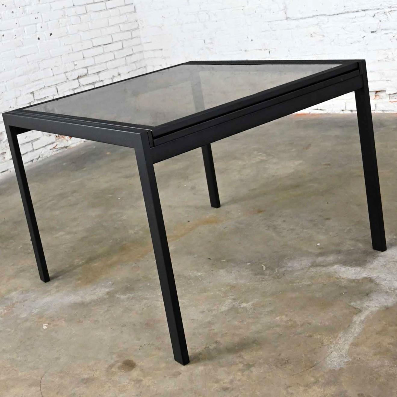 MCM Black Powder Coated Metal Smoked Glass Square Expanding Table Attr DIA For Sale 5