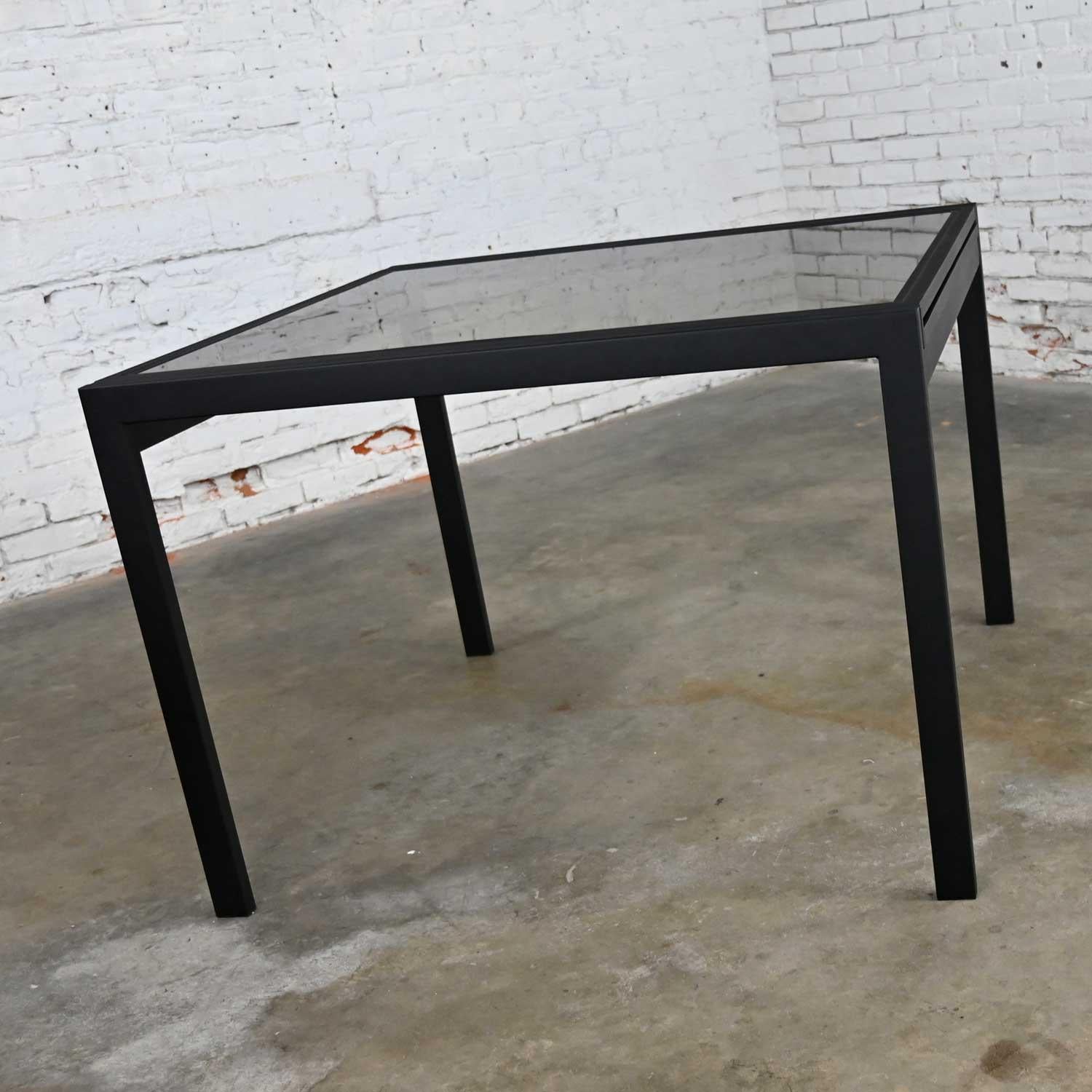 American MCM Black Powder Coated Metal Smoked Glass Square Expanding Table Attr DIA For Sale