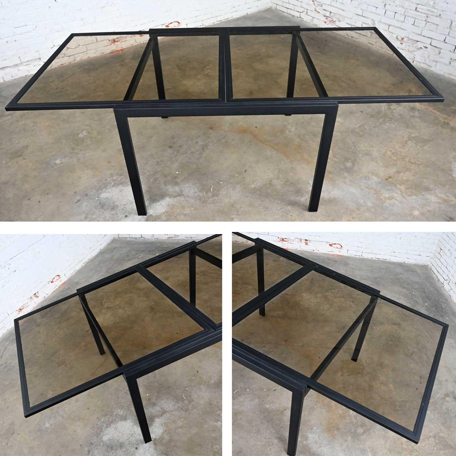 MCM Black Powder Coated Metal Smoked Glass Square Expanding Table Attr DIA For Sale 1