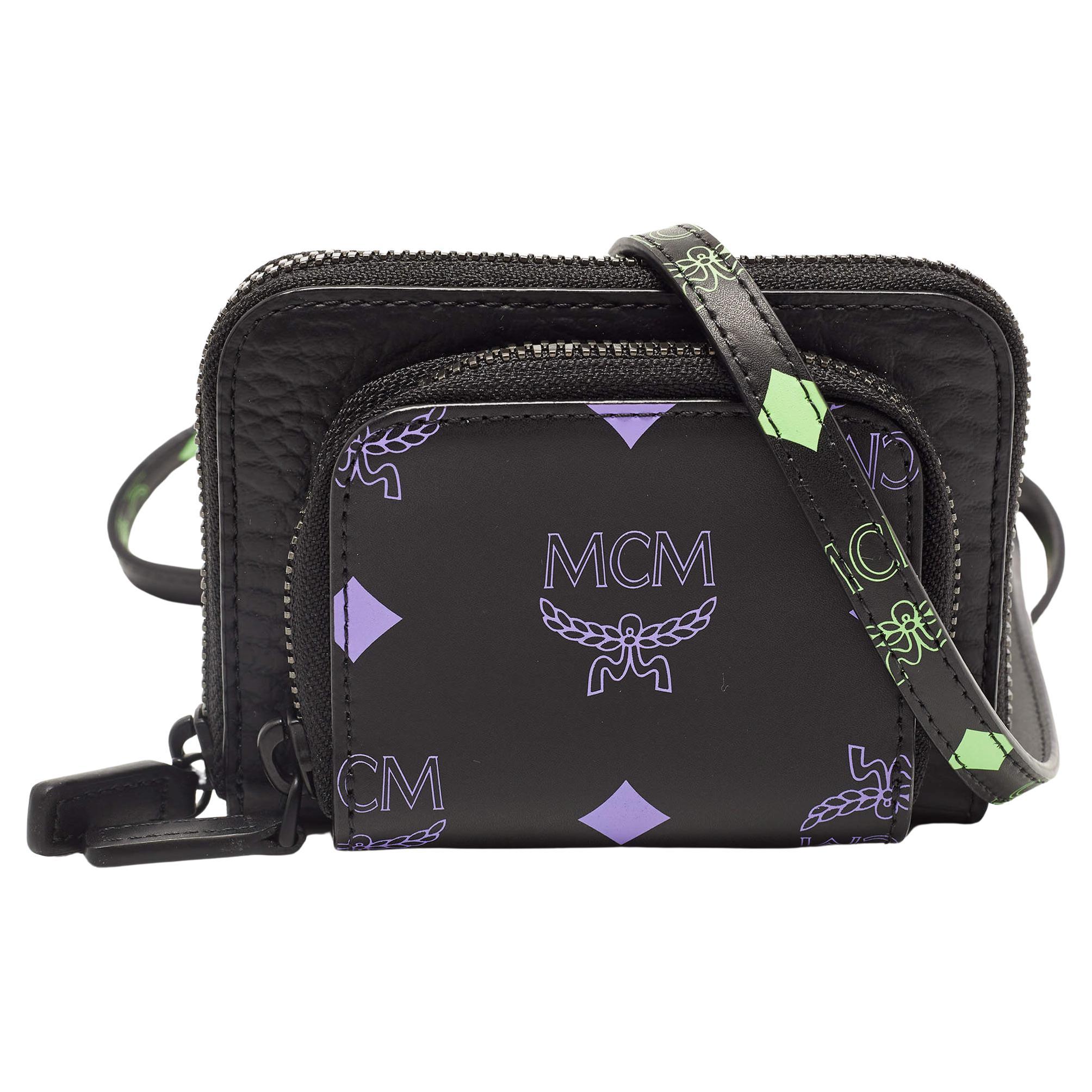 MCM Black Pruple Leather Color Splash Logo Zip Around Wallet Bag
