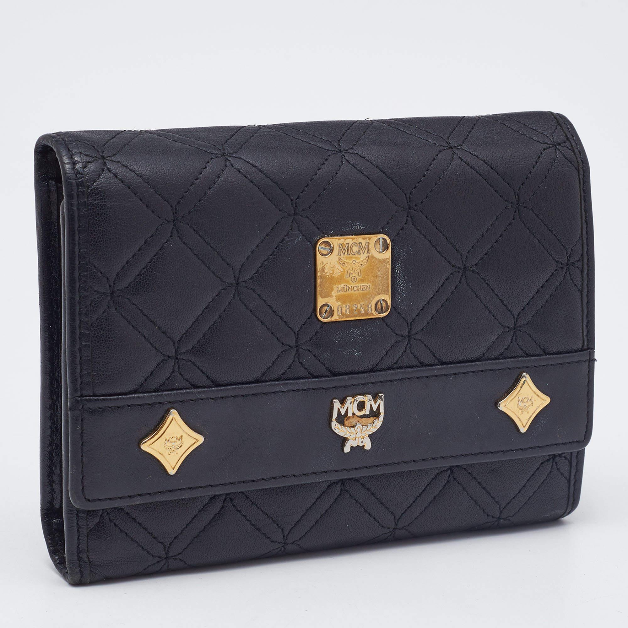 MCM Black Quilted Leather Embellished Flap Compact Wallet For Sale 3