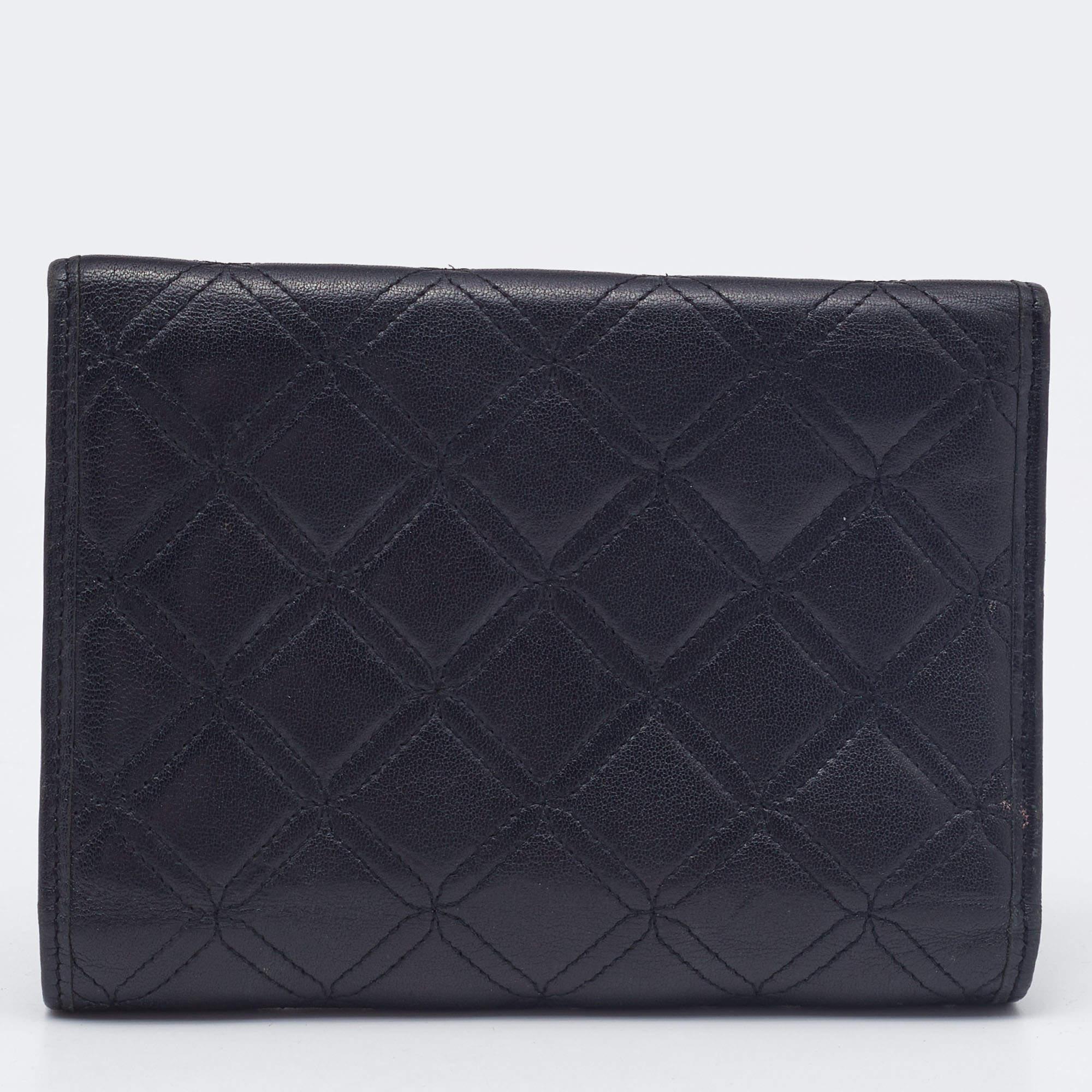 MCM Black Quilted Leather Embellished Flap Compact Wallet For Sale 4