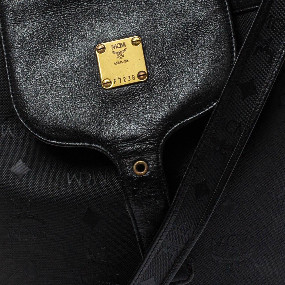 MCM Black Signature Nylon and Leather Drawstring Flap Bucket Bag 3