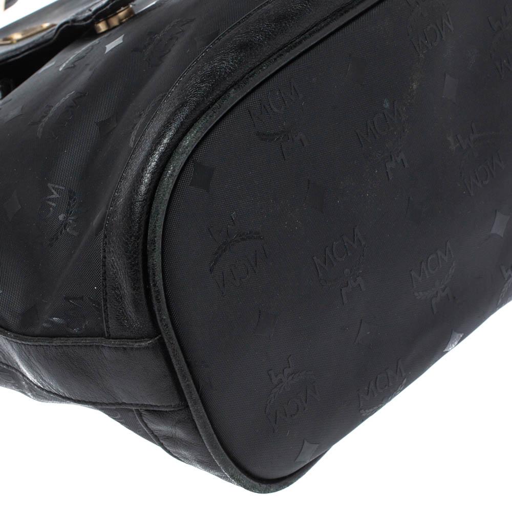 MCM Black Signature Nylon and Leather Drawstring Flap Bucket Bag 1