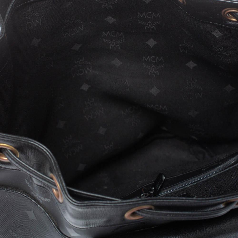 MCM Black Signature Nylon and Leather Drawstring Flap Bucket Bag 2