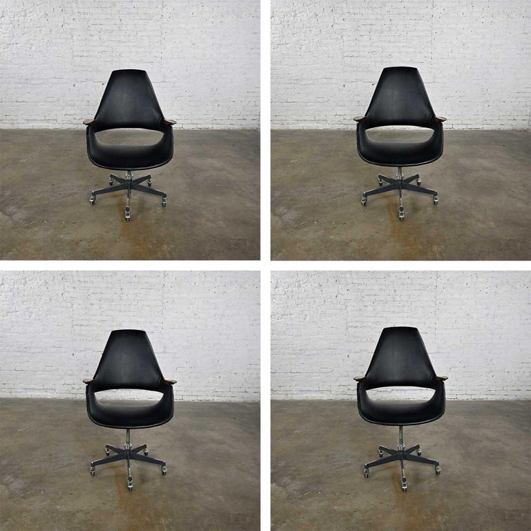 MCM Black Vinyl Rolling Desk Chair Wood Arms by Arthur Umanoff for