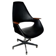 MCM Black Vinyl Rolling Desk Chair Wood Arms by Arthur Umanoff for Madison #2635