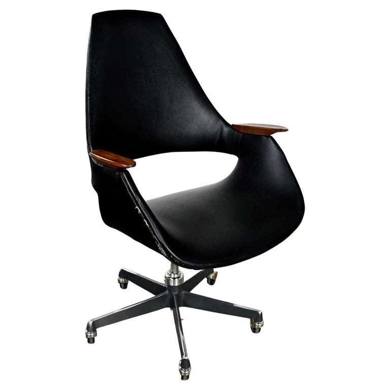 MCM Black Vinyl Rolling Desk Chair Wood Arms by Arthur Umanoff for