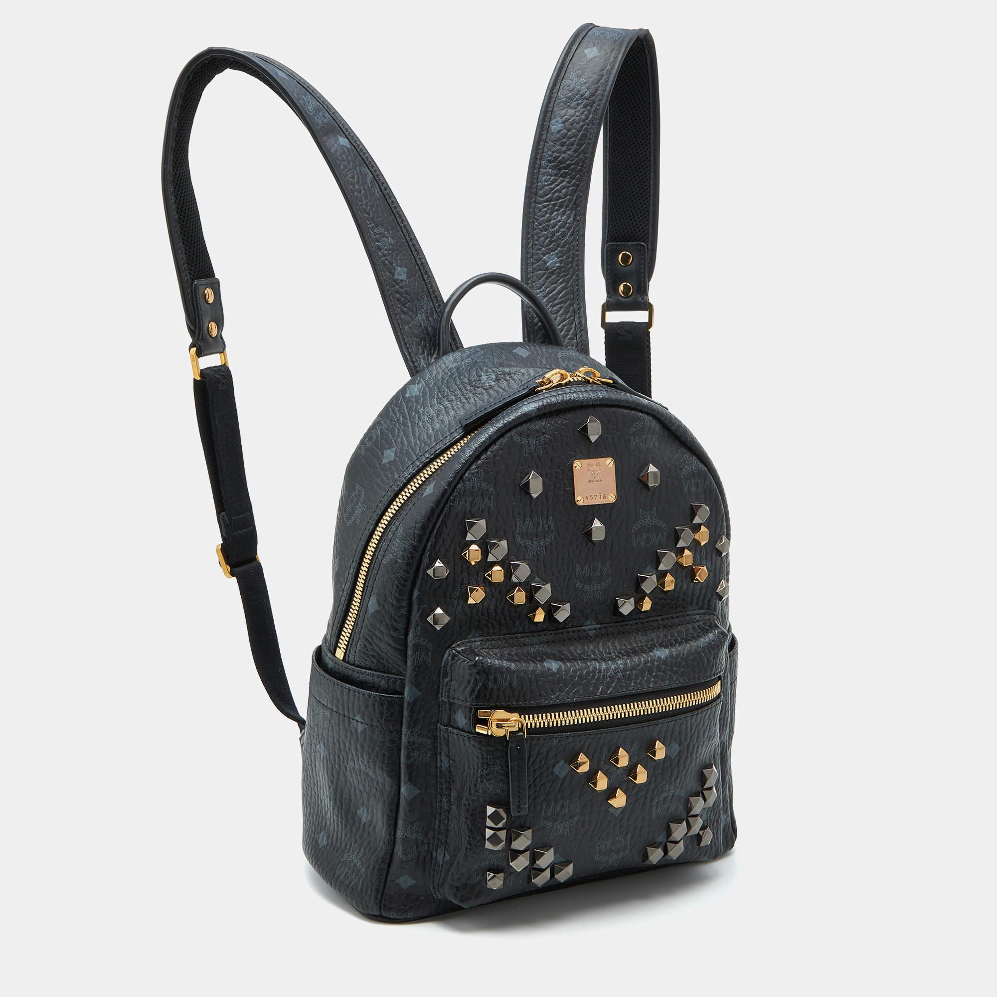 MCM Black Visetos Coated Canvas and Leather Small Studs Stark Backpack In Good Condition In Dubai, Al Qouz 2