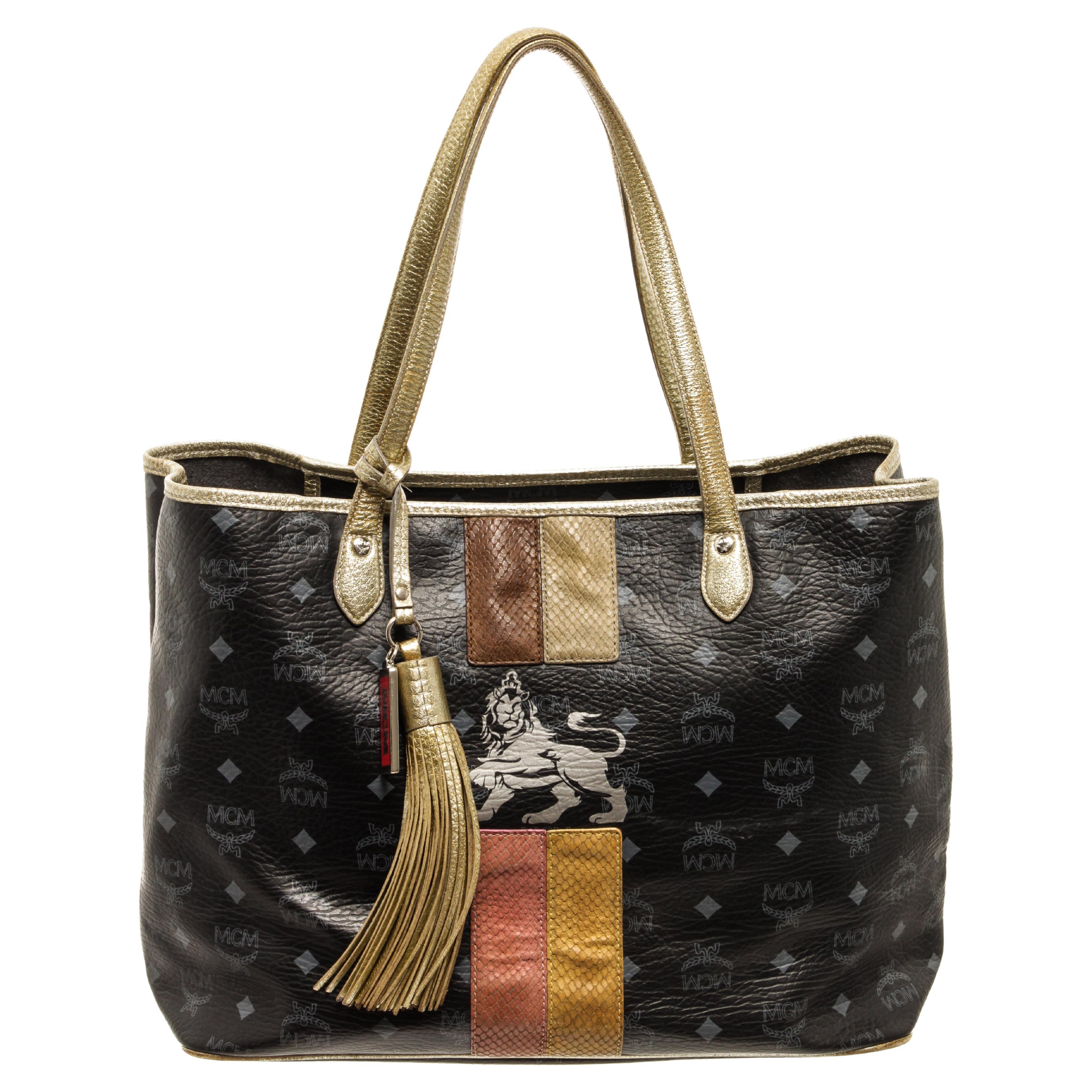 MCM Black Visetos Lion Shopper Tote Bag For Sale