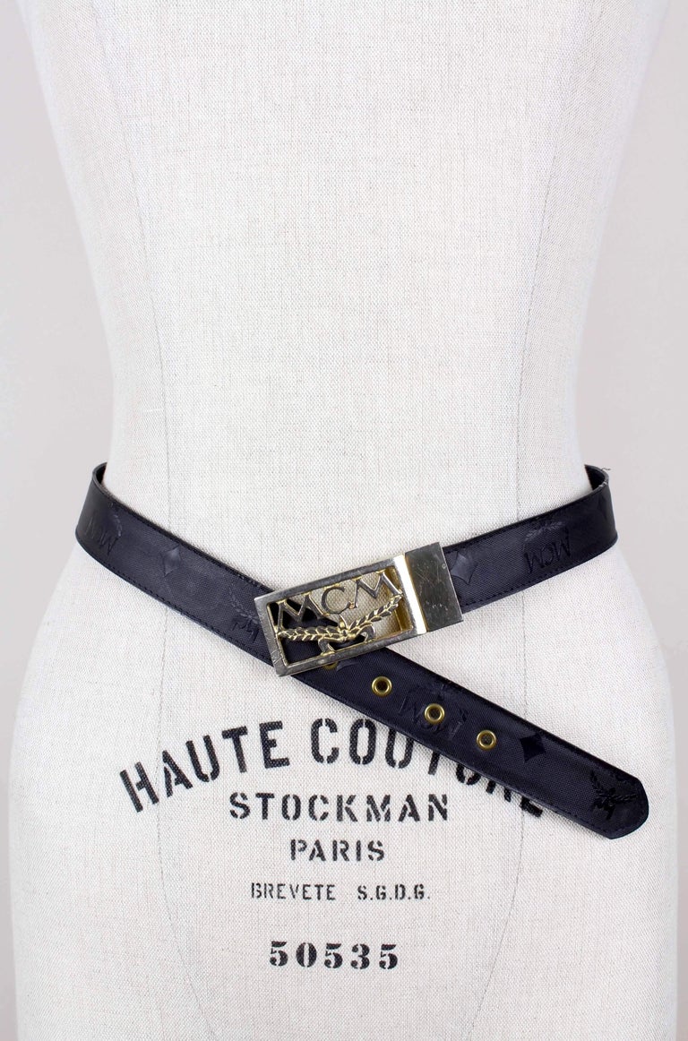 MCM Black Visetos Monogram Belt With Gold-Plated Logo Laurel Buckle Size S  For Sale at 1stDibs