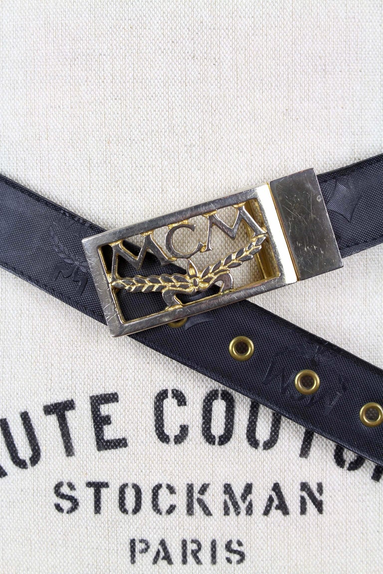 MCM Black Visetos Monogram Belt With Gold-Plated Logo Laurel Buckle Size S