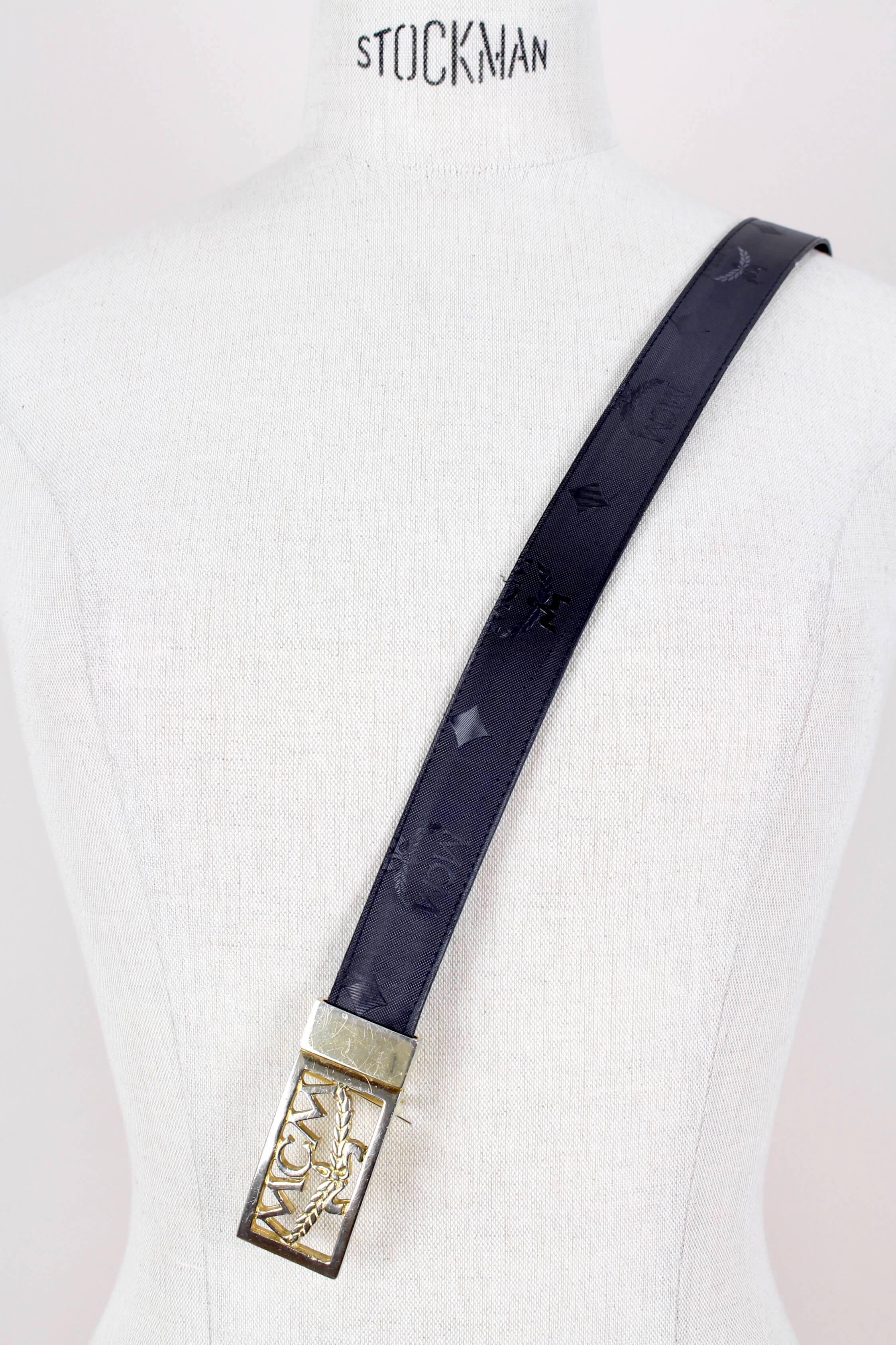 MCM Black Visetos Monogram Belt With Gold-Plated Logo Laurel Buckle Size S For Sale 1