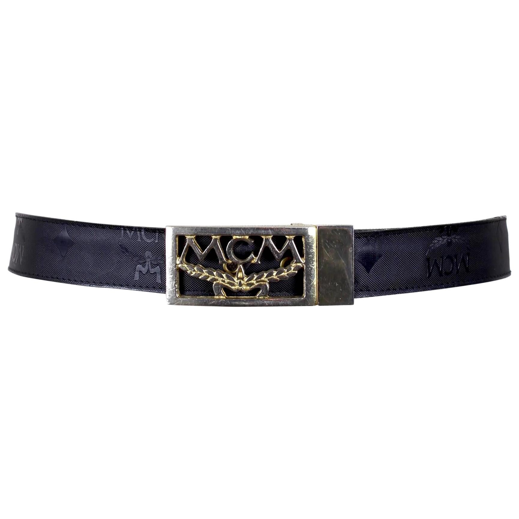 MCM Black Visetos Monogram Belt With Gold-Plated Logo Laurel Buckle Size S For Sale