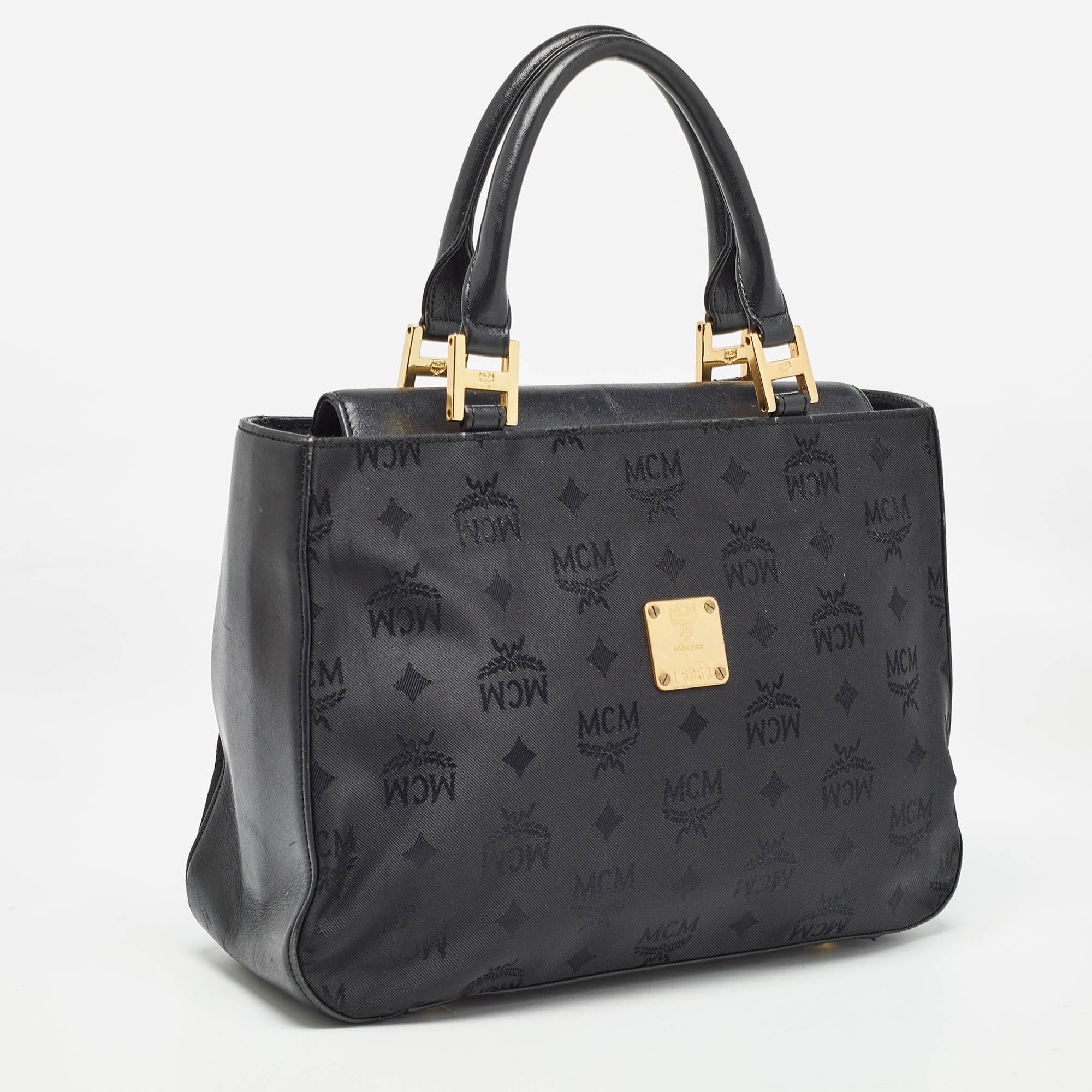 MCM Black Visetos Nylon and Leather Tote In Fair Condition In Dubai, Al Qouz 2