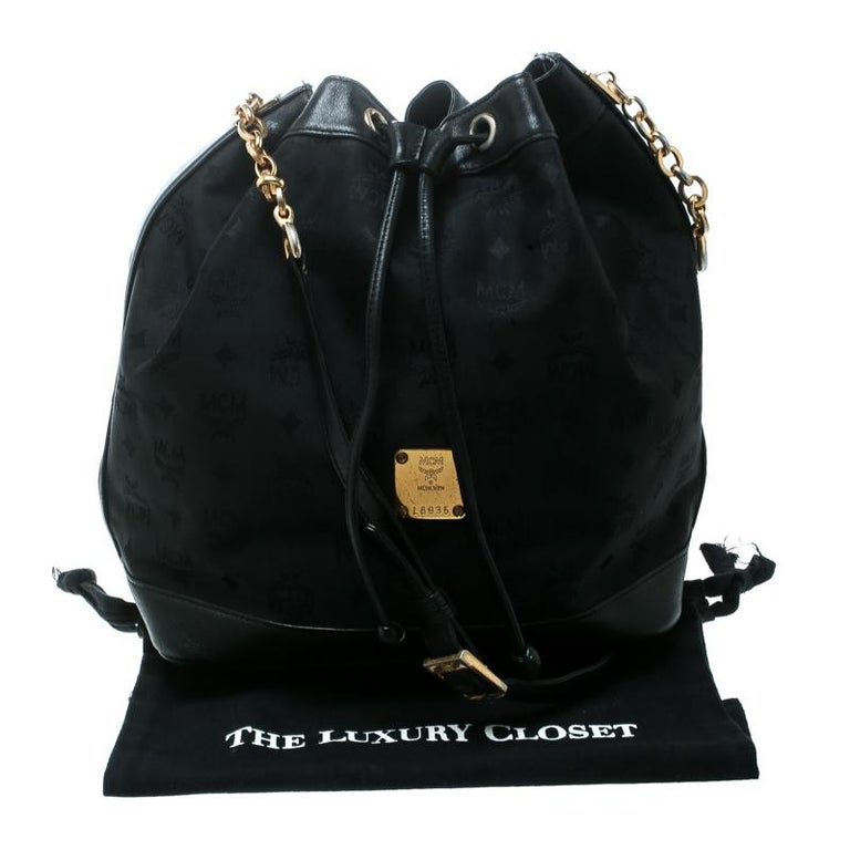 MCM Black Visetos Nylon Drawstring Bucket Bag For Sale at 1stDibs